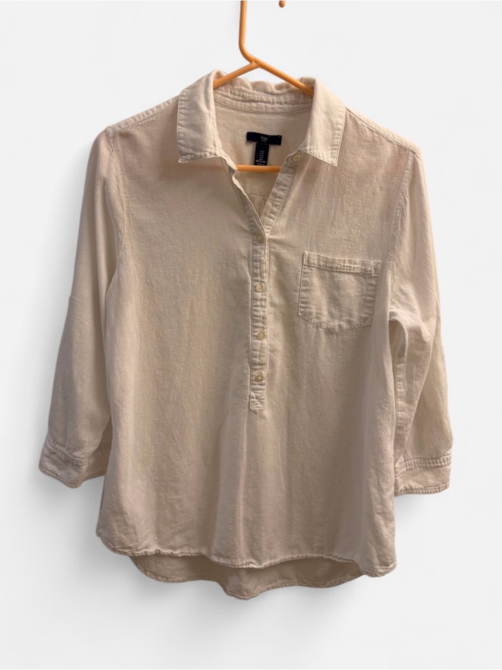 Gap White Linen Cotton Popover Shirt Roll Tab Sleeve Size S